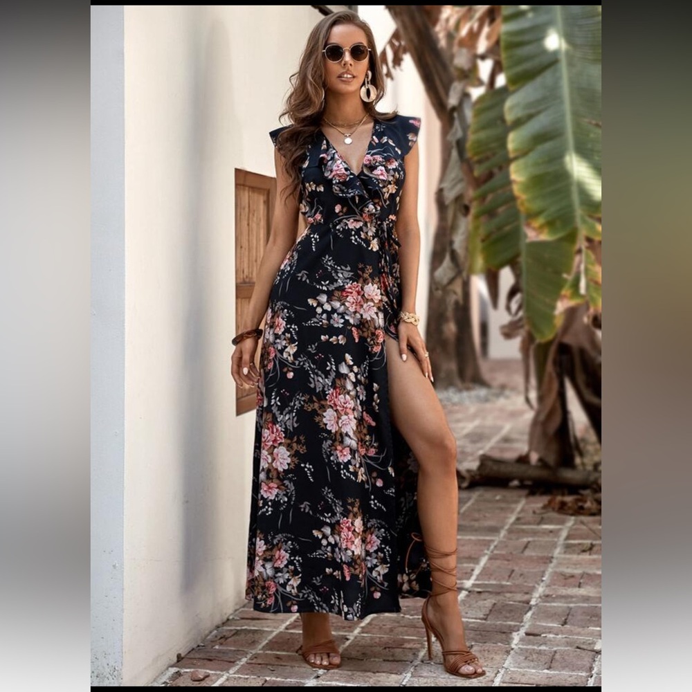 Flowy Floral Black Maxi Ruffle Trim Wrap Dress